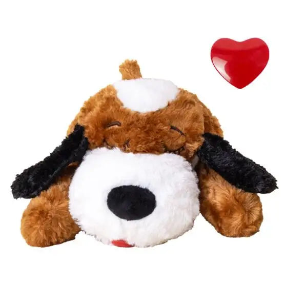 Plush dog toy with a heart on a white background