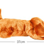 Plush dog toy with measurements on a white background