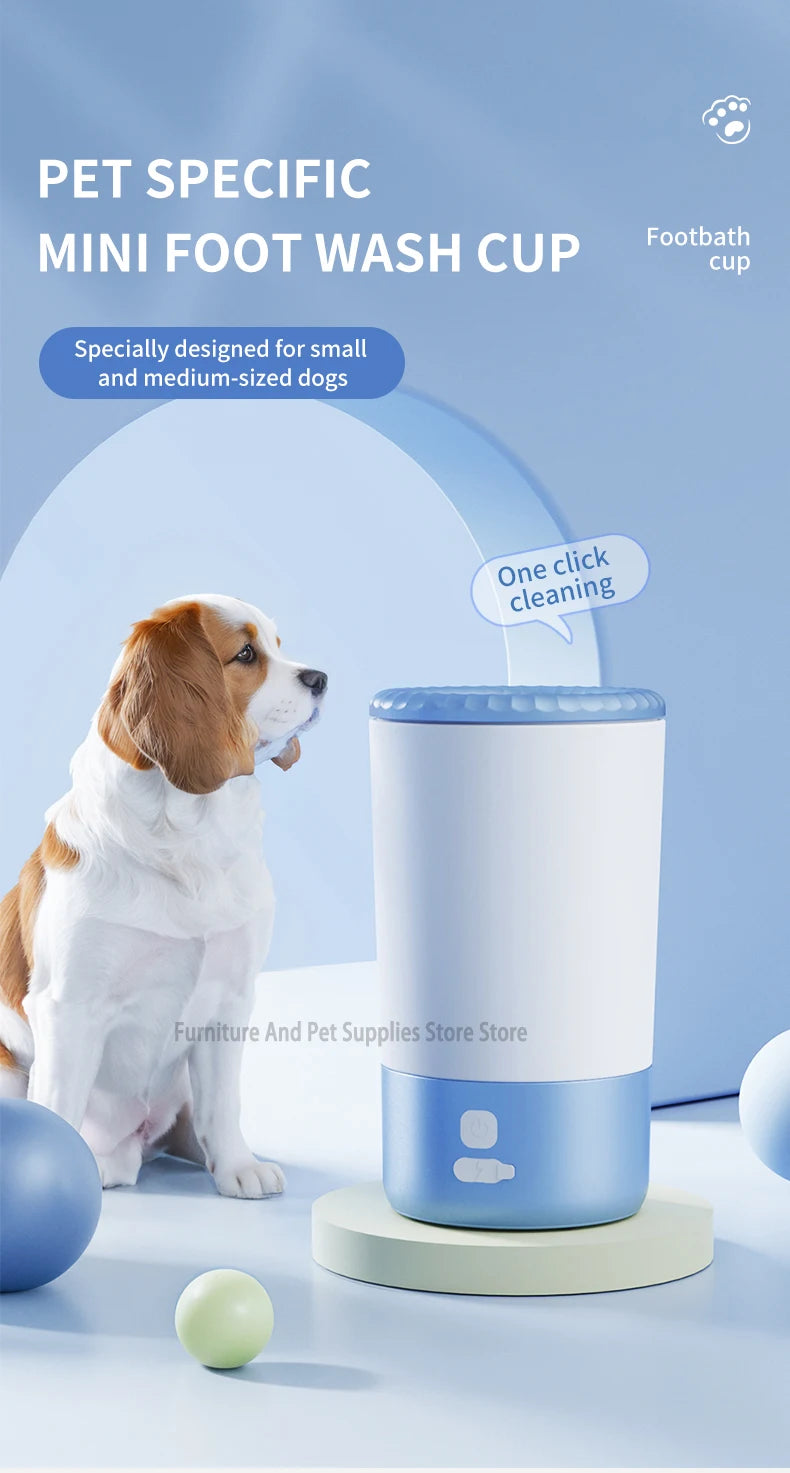 Pet-specific mini foot wash cup with a dog and balls on a blue background