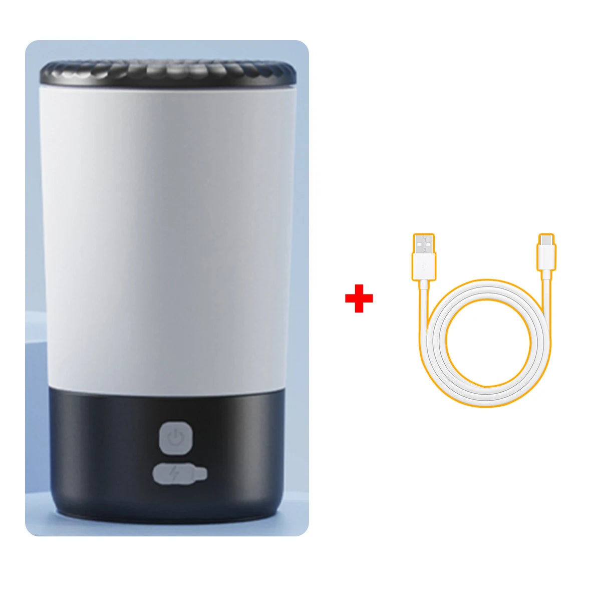 White and black pet paw cleaner device with a USB cable on a light blue background