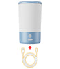 White and blue cylindrical device with charging cable on a white background
