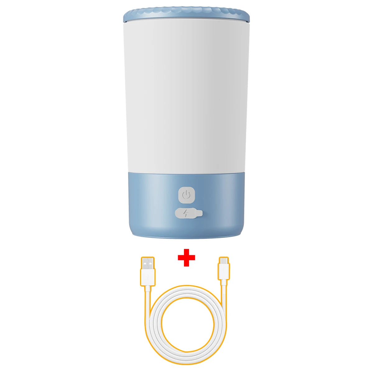 White and blue cylindrical device with charging cable on a white background