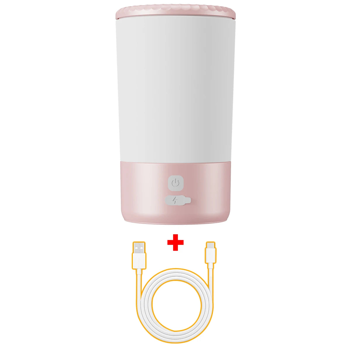 Pink and white pet paw cleaner device with charging cable on a white background