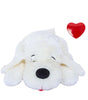 White plush calming dog toy with a red heart on a white background