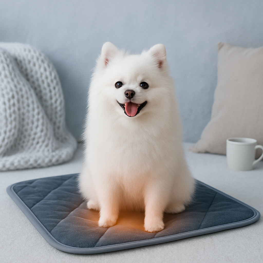White dog sitting on a heating pad with a cozy background