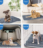 Dog using a pet mat in various locations including a sofa, floor, car, and kennel.