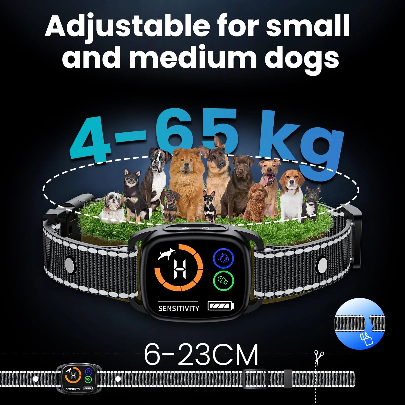 Dog collar with adjustable size range and digital display on a grassy background