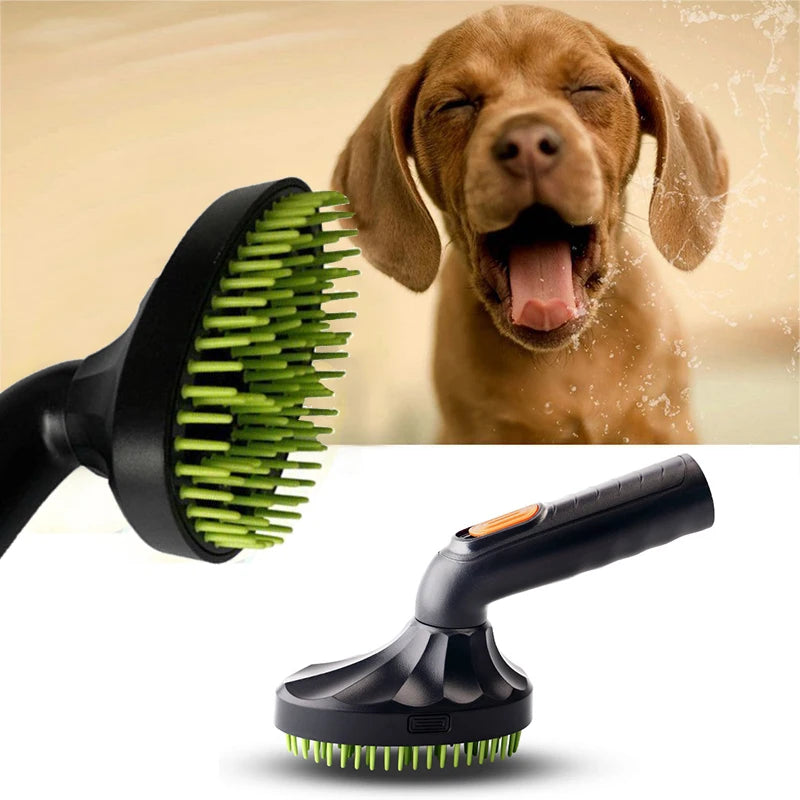 Pet grooming brush with green bristles next to a dog being bathed
