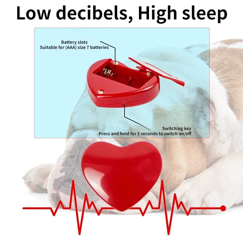 Red heart-shaped calming device with battery slots and switching key, labeled 'Low decibels, High sleep', on a light blue background.