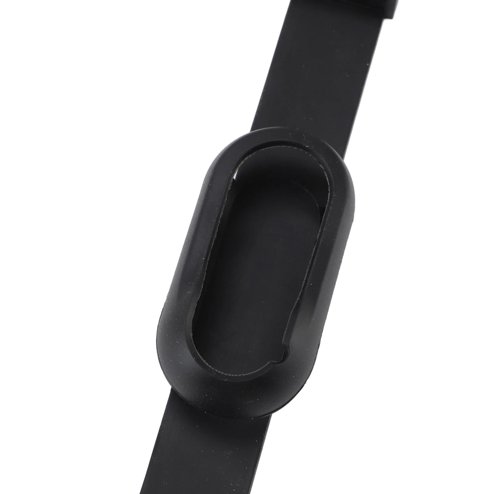 Black silicone watch band on a white background