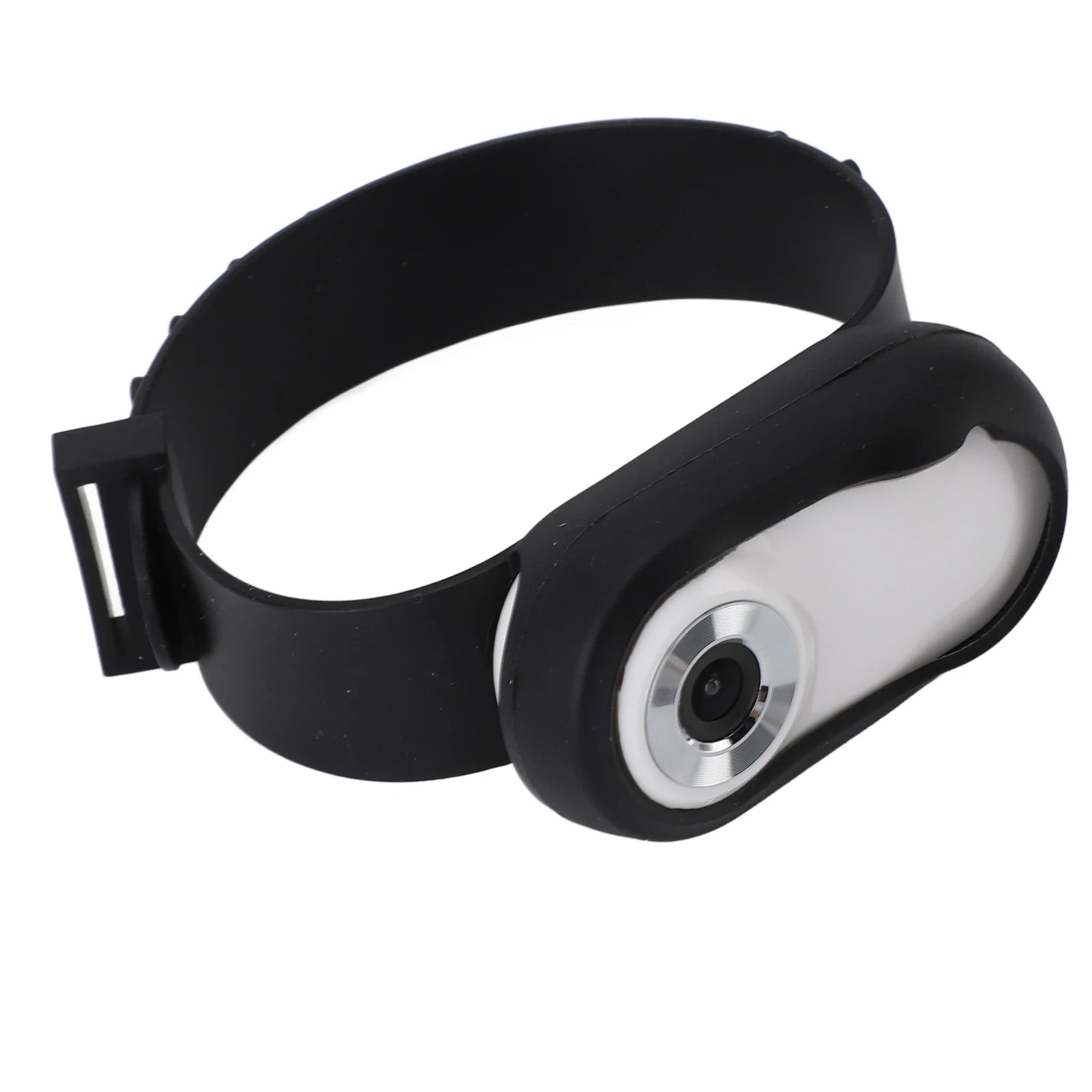 Black and white camera with a strap on a white background