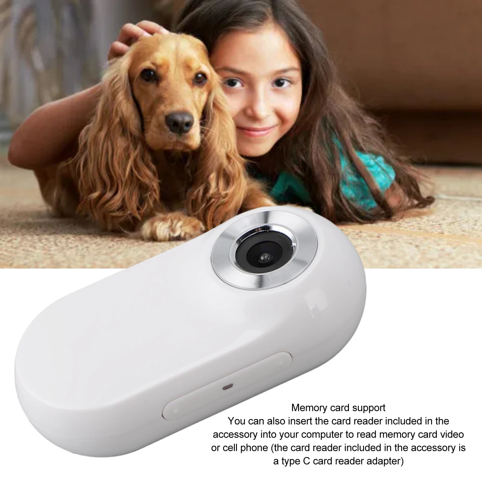 White electronic device with card reader on a blurred background of a girl and dog.