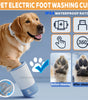 Pet electric foot washing cup with a dog, showing before and after cleaning effects on paws.