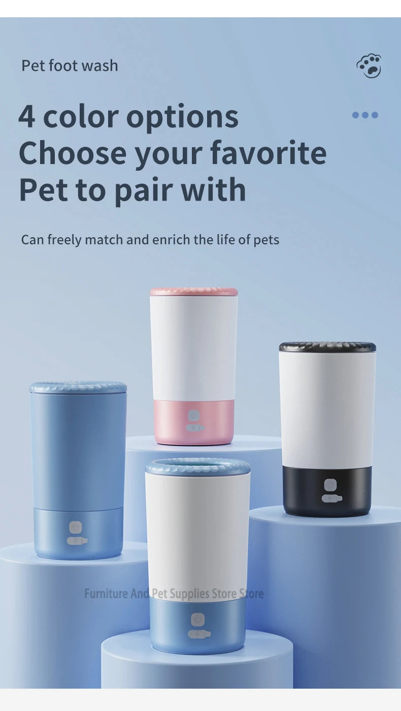 Four pet foot wash products in different colors on a blue background with text about color options and matching pets.