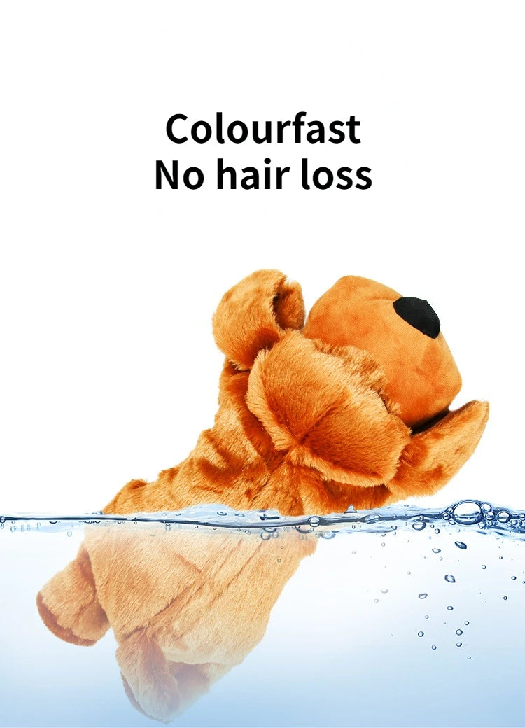 Brown teddy bear with water splash and 'Colourfast No hair loss' text on a white background