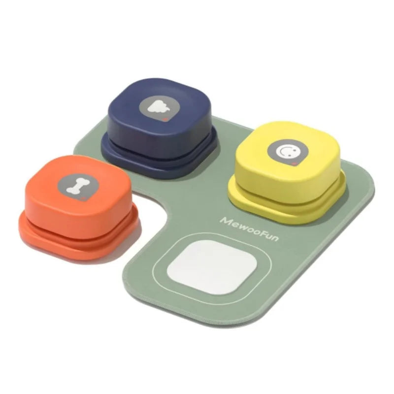 Colorful dog talking toy set with a base and three stacked pieces on a white background