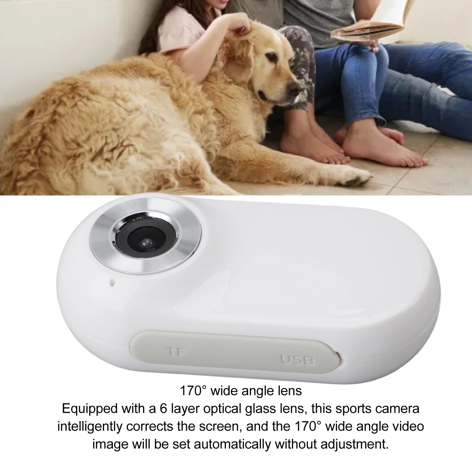 Pet camera with a 170-degree wide angle lens, shown with a dog and people in the background.