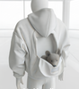 White hoodie with a pouch containing a gray dog on a white background