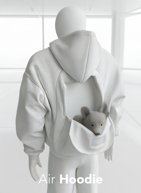 White hoodie with a pouch containing a gray dog on a white background