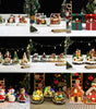 Collage of Christmas-themed decorative items including gingerbread houses, Santa Claus figures, and snowmen on a snowy background.