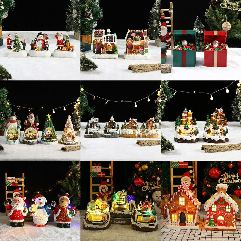 Collage of Christmas-themed decorative items including gingerbread houses, Santa Claus figures, and snowmen on a snowy background.