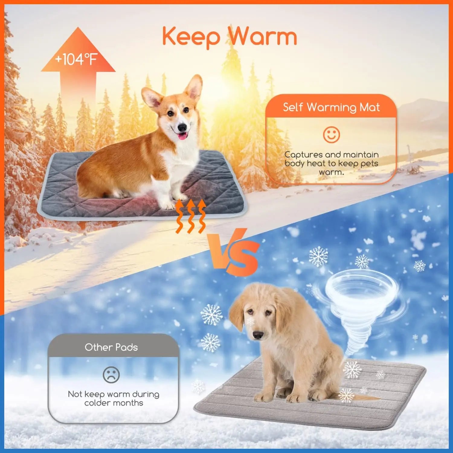 Comparison of self-warming mat for pets with other pads, showing a dog on a warming mat in a snowy landscape.