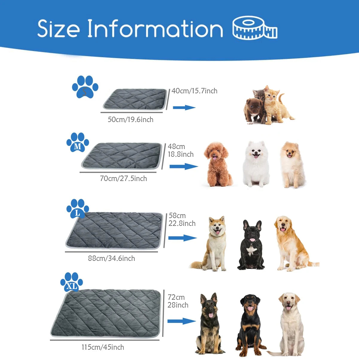 Size chart for pet mats with various dog breeds indicating the appropriate size.