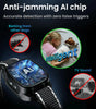 Dog collar with anti-jamming AI chip feature, showing a woman with a dog and no false triggers.