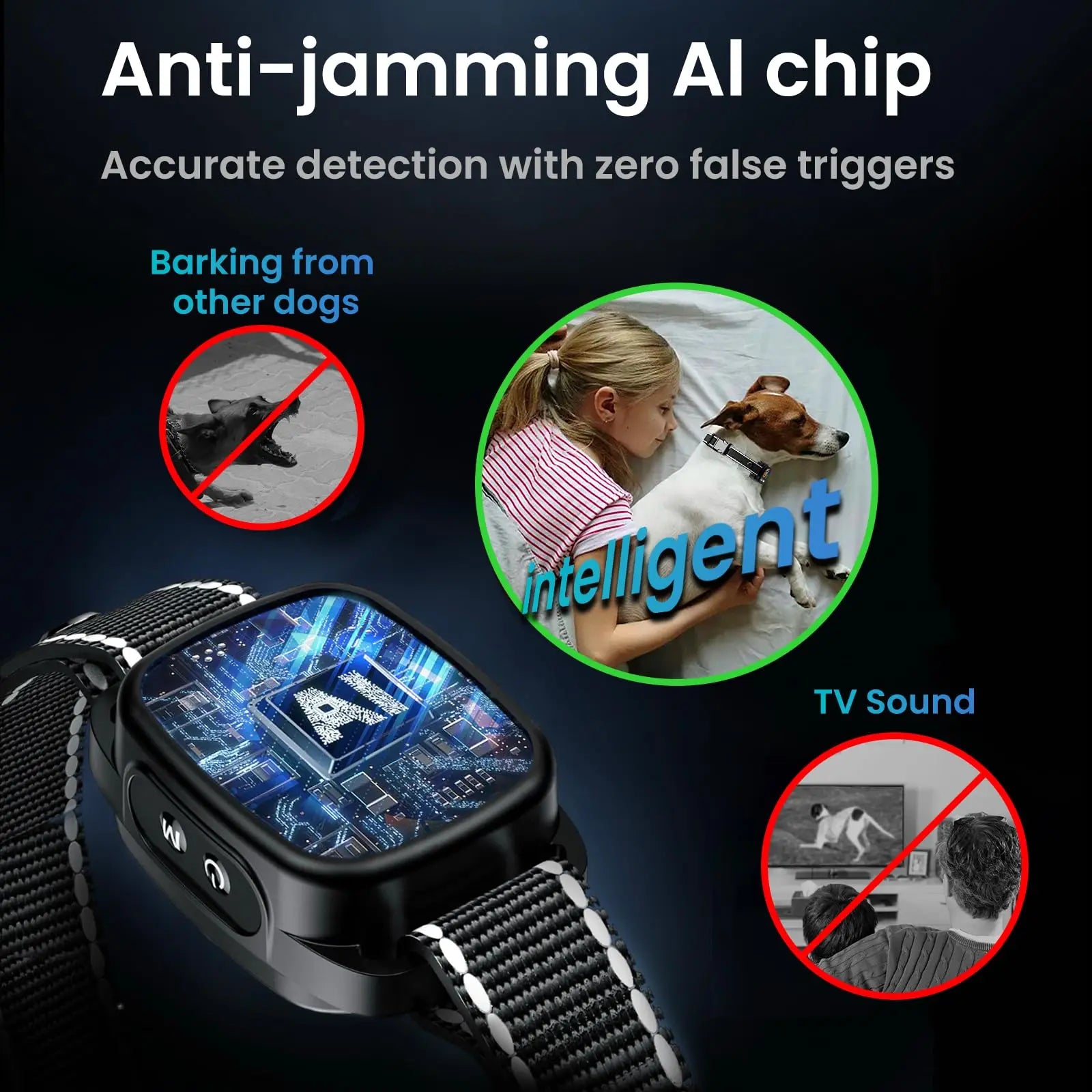 Dog collar with anti-jamming AI chip feature, showing a woman with a dog and no false triggers.