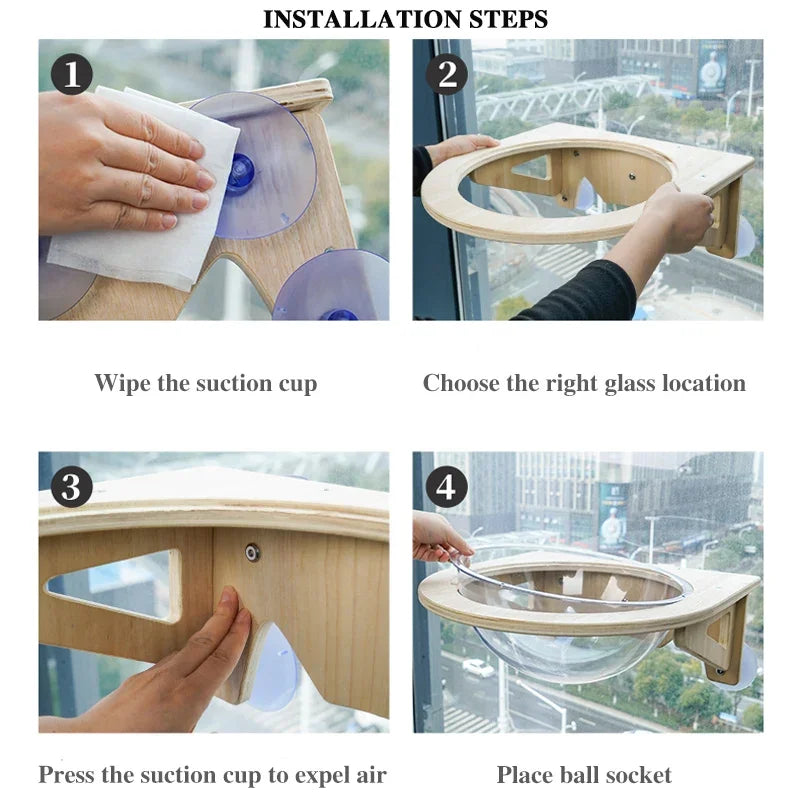 Step-by-step installation guide for a window-mounted product with suction cups.